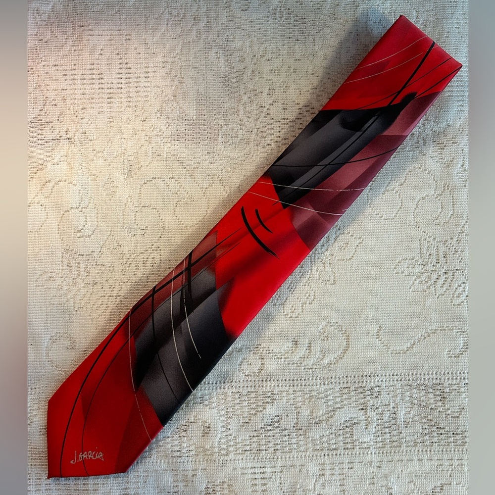 J. Garcia Vibrant Red and Black Seascape Tie